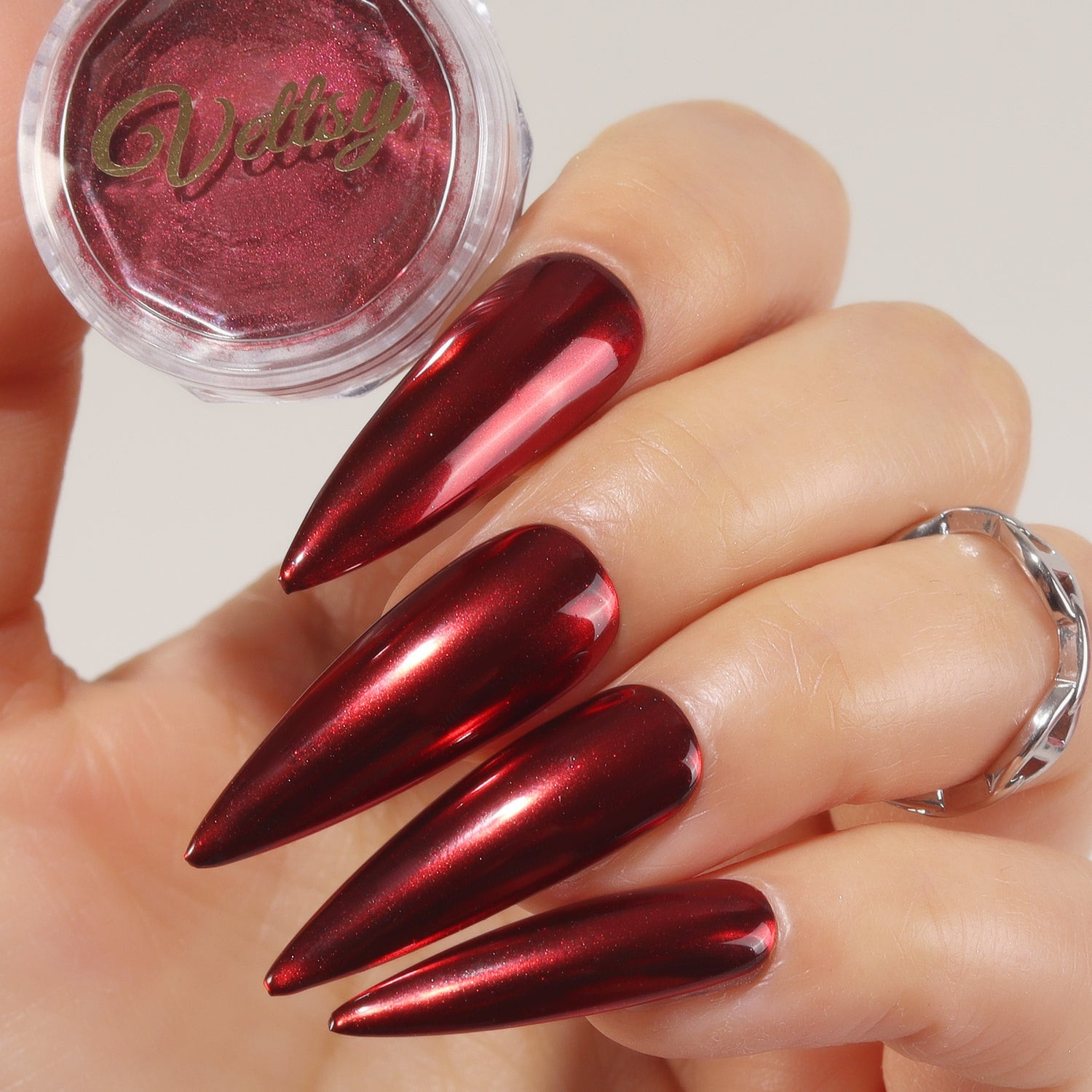 Deep Red Chrome Stilettos with Powder Deep Red Chrome Stilettos with Powder — Red Chrome Nails 2027