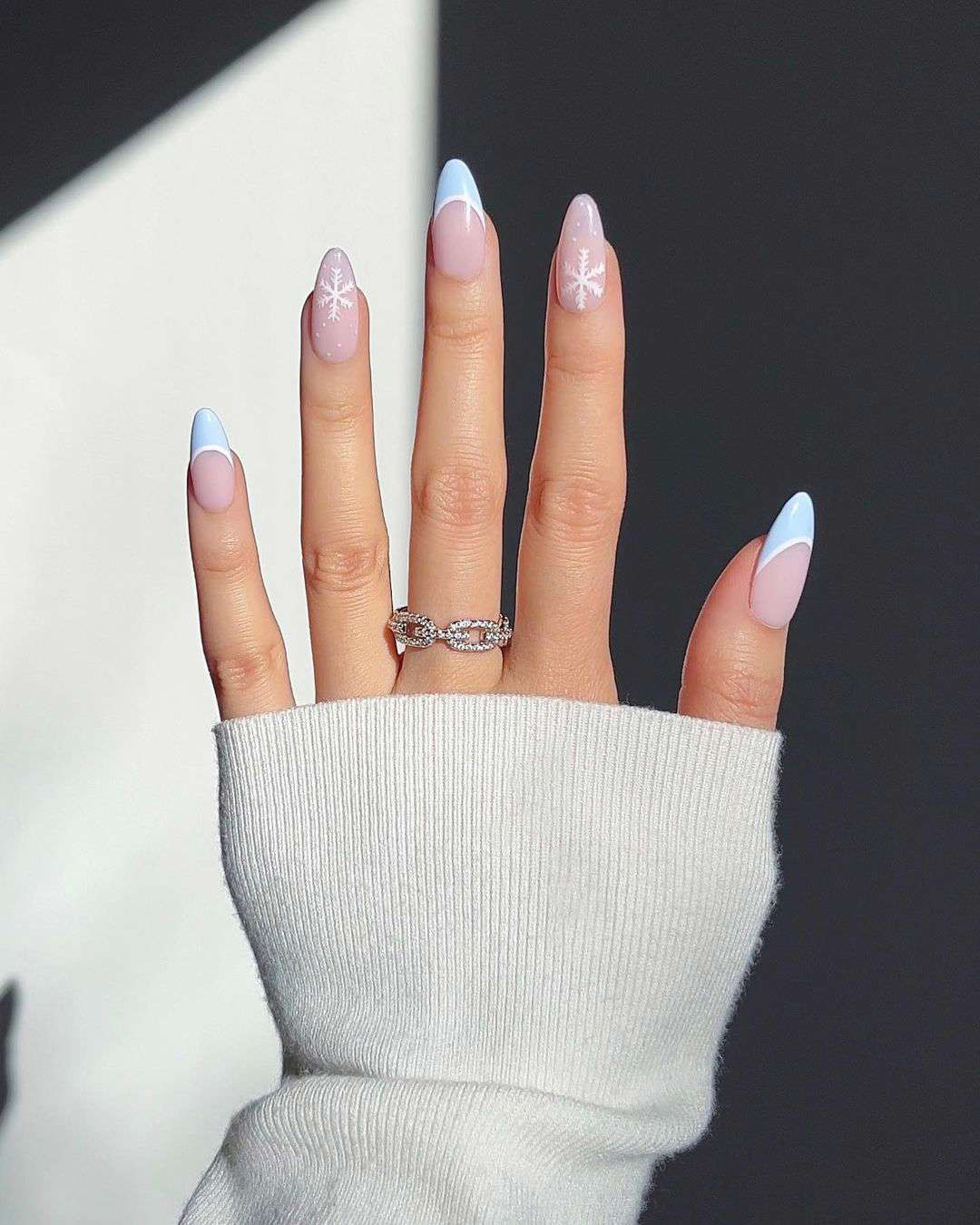 Light Blue Snowflake French Almond Light Blue Snowflake French Almond — Winter French Tip Nails 2027