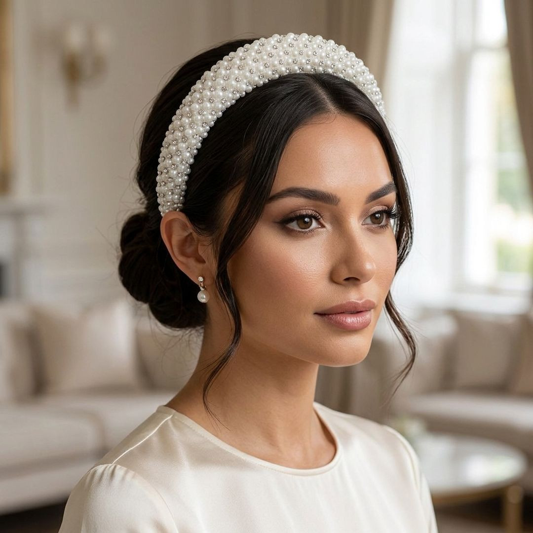 Elegant Low Bun With Ornate Pearl Headband Elegant Low Bun With Ornate Pearl Headband — Pearl Headband Hairstyles 2027