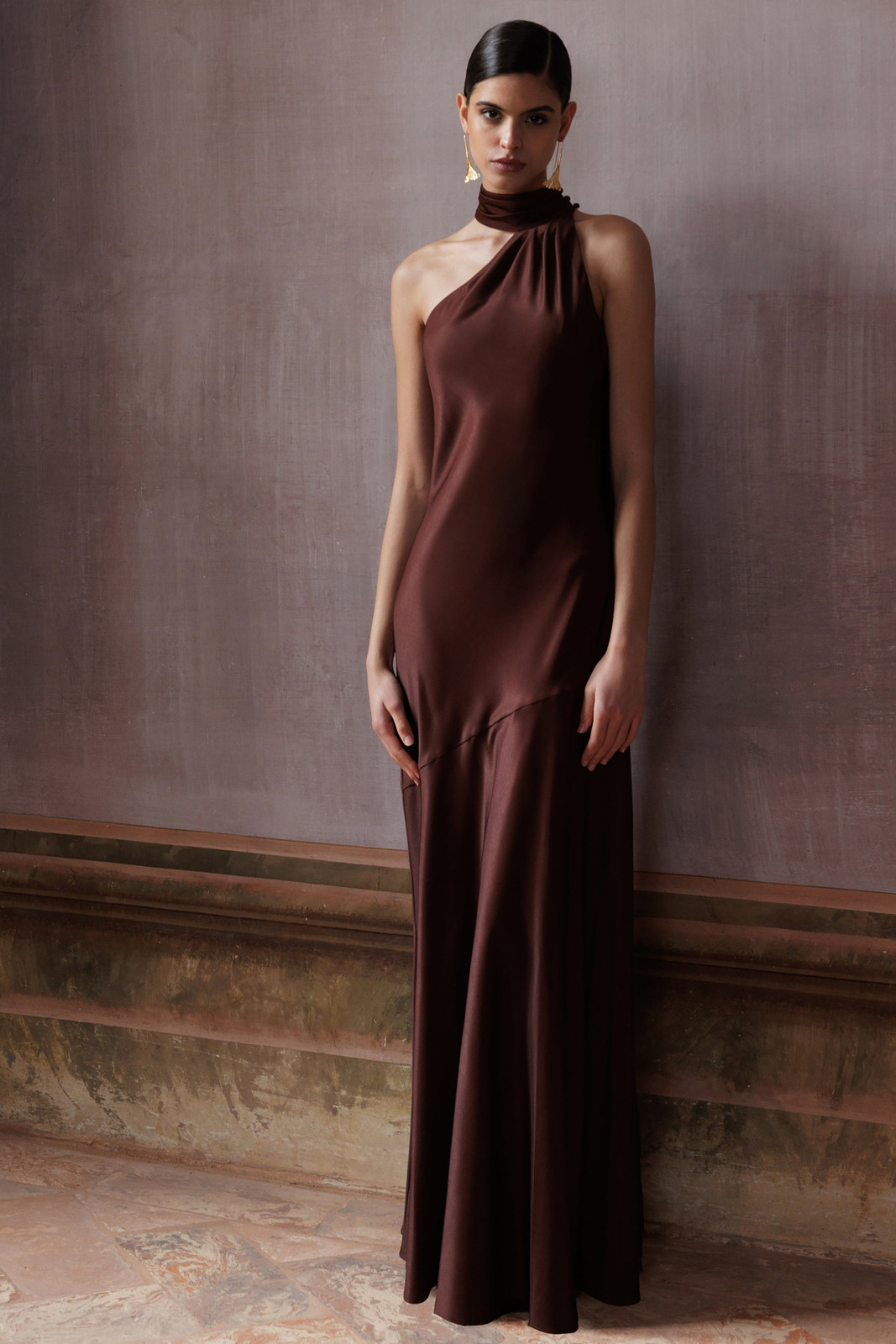 Sophisticated Evening: Brown Satin Dress with High Neckline Sophisticated Evening: Brown Satin Dress with High Neckline — Satin Dresses 2027