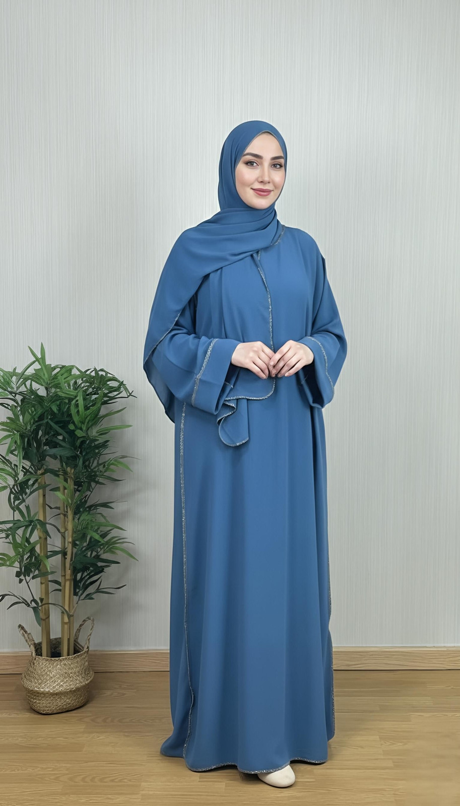 Deep Blue Abaya with Silver Embellishments Deep Blue Abaya with Silver Embellishments — Hijab Outfits 2027