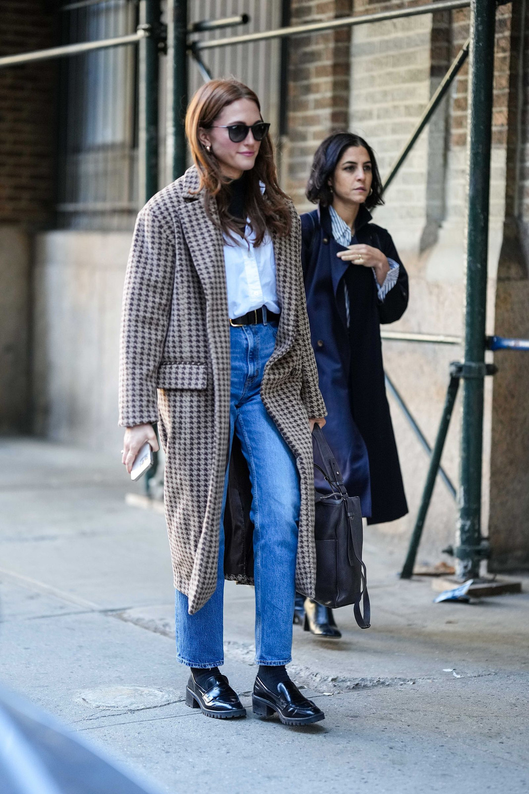 Monochromatic Layers: Houndstooth Coat, Turtleneck, Jeans, and Loafers — Chunky Loafers Outfits 2027