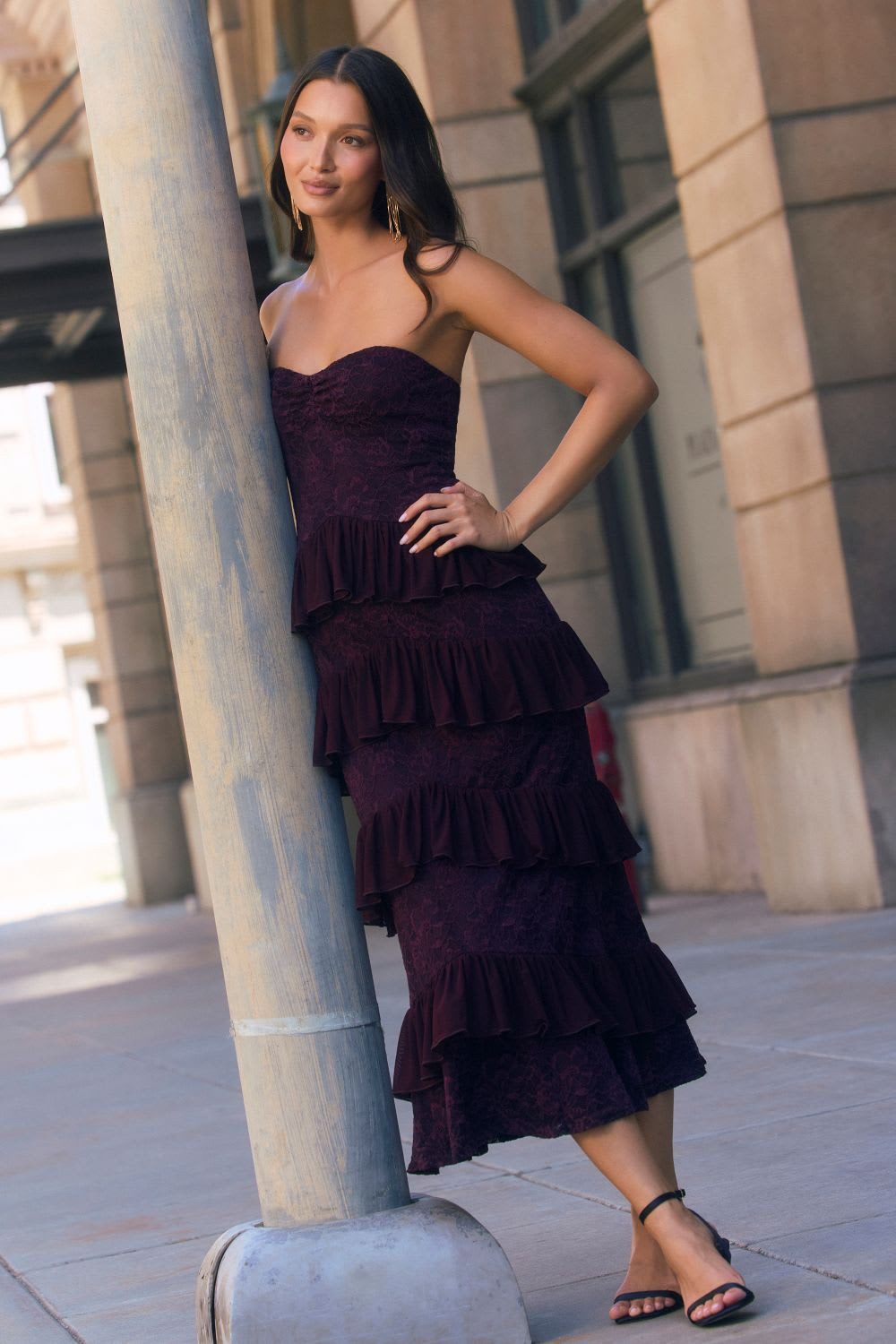 Deep Plum Strapless Lace Midi Dress with Tiered Ruffle Skirt — Cocktail Party Outfits 2027