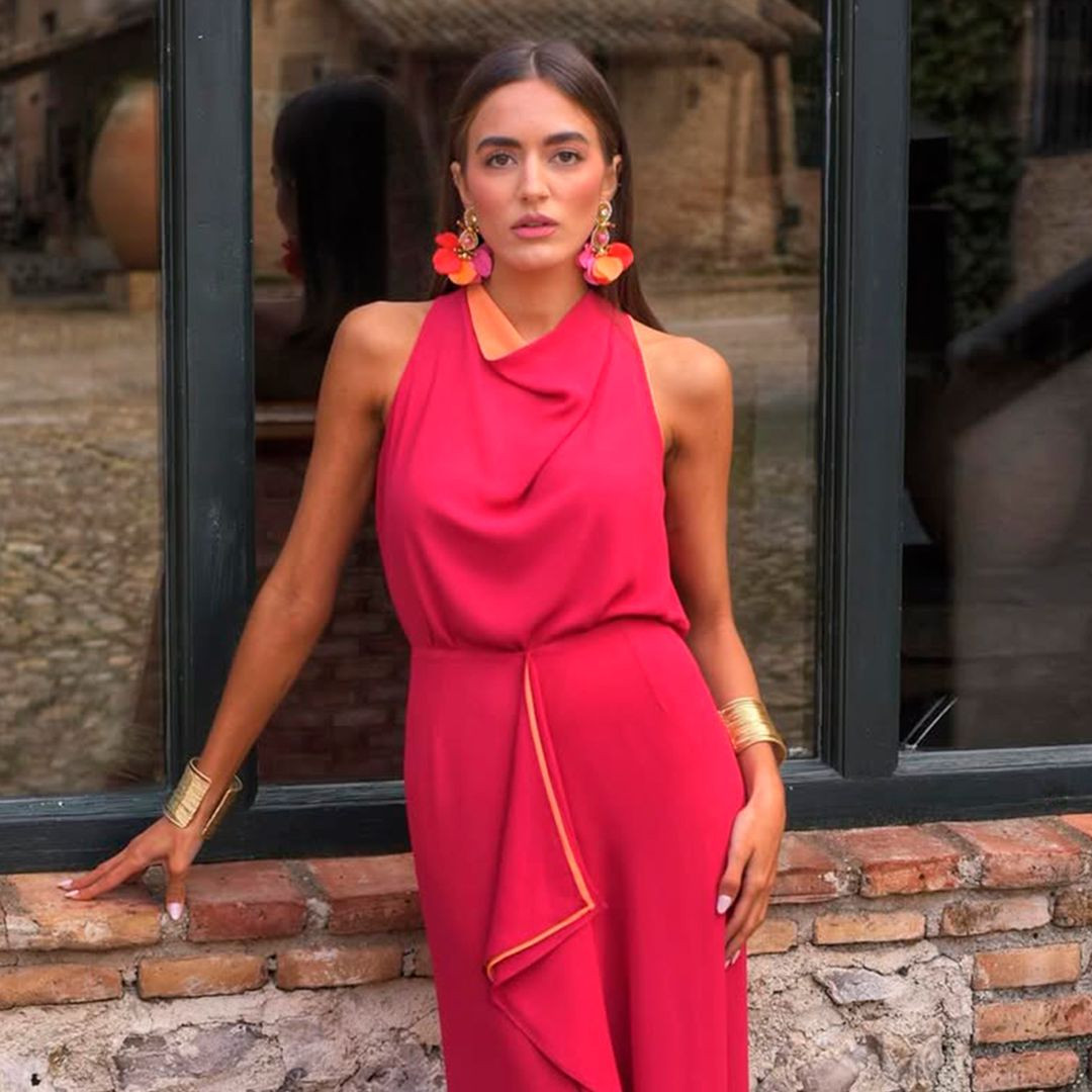 Fuchsia Halter Neck Midi Dress with Gold Accents Fuchsia Halter Neck Midi Dress with Gold Accents — Graduation Outfits 2027