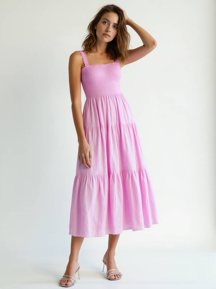 Pink Smocked Bodice Tiered Midi Dress with Square Neckline Pink Smocked Bodice Tiered Midi Dress with Square Neckline — Tiered Dresses 2027