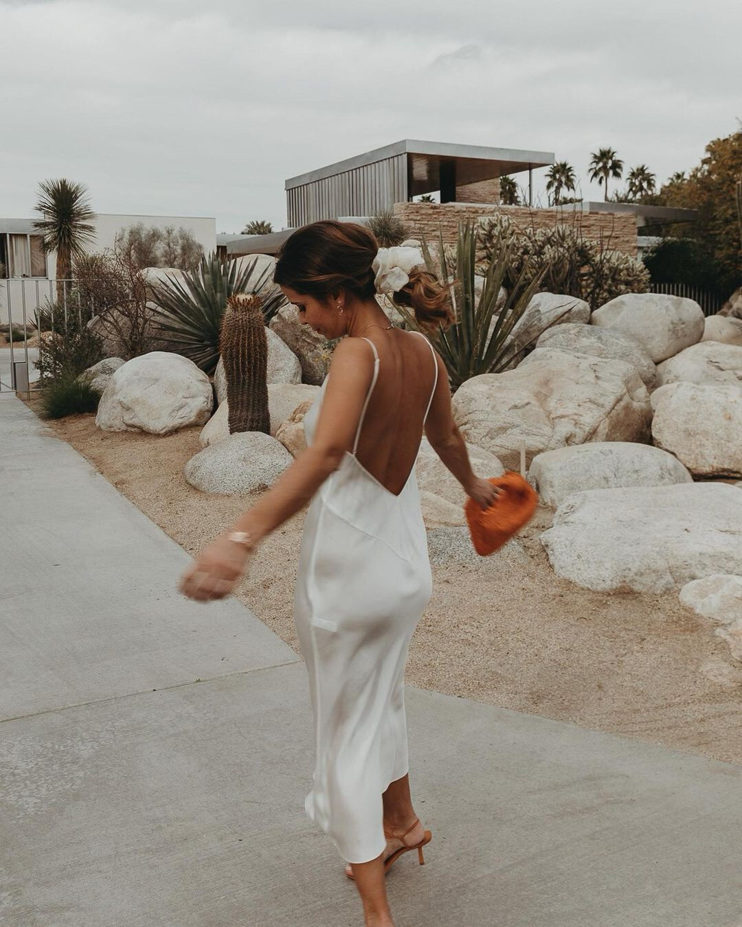 Vibrant Orange Accents with a White Open-Back Slip Dress Vibrant Orange Accents with a White Open-Back Slip Dress — Slip Dresses 2027