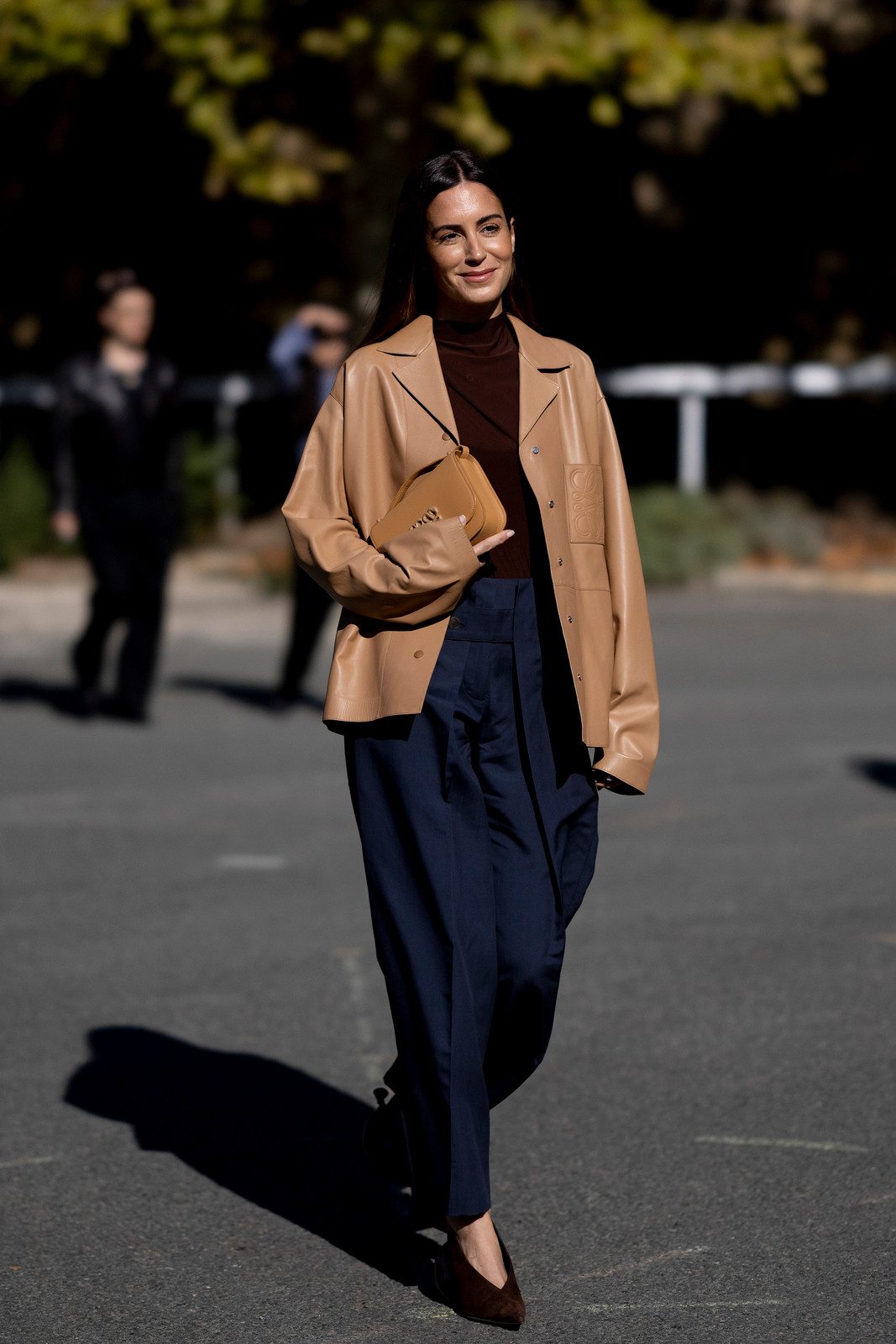 Tan Leather Blazer with Navy Trousers Tan Leather Blazer with Navy Trousers — Winter Navy Outfits 2027