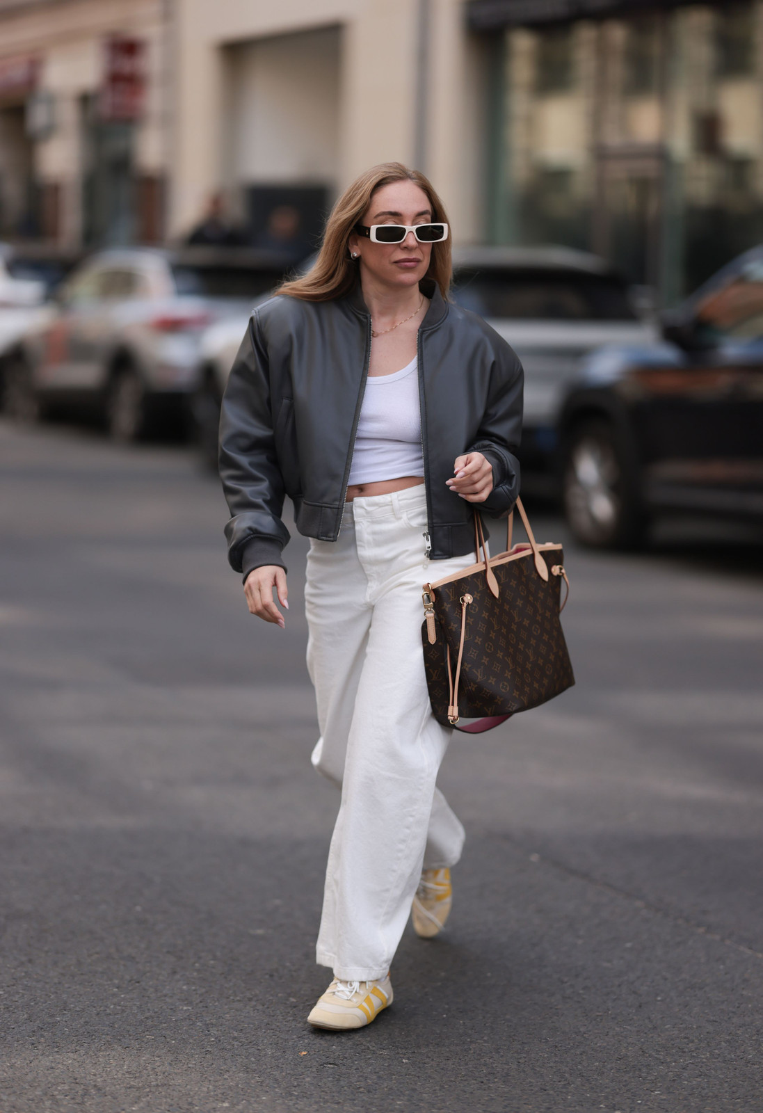 Cropped Bomber Jacket and Wide-Leg Trousers with Yellow Sneakers Cropped Bomber Jacket and Wide-Leg Trousers with Yellow Sneakers — Spring Outfits 2027 with Sneakers