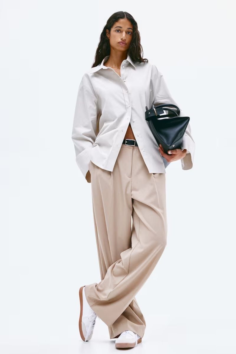 Oversized White Shirt and Beige Trousers with White Sneakers Oversized White Shirt and Beige Trousers with White Sneakers — White Sneakers Outfits 2027