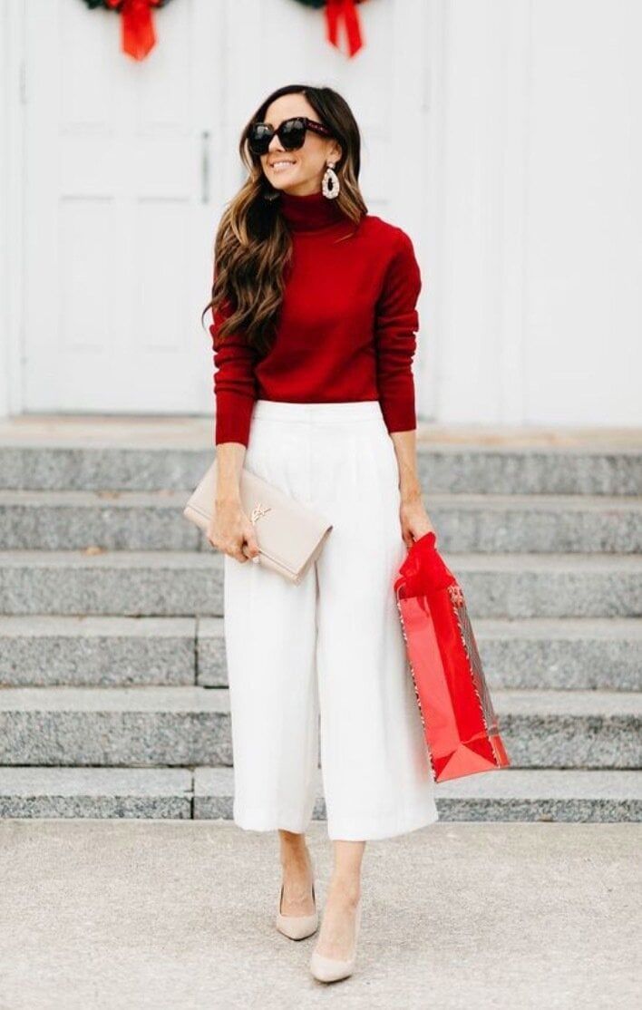 Chic Red Turtleneck with White Culottes for Daytime Chic Red Turtleneck with White Culottes for Daytime — Red Outfits 2027
