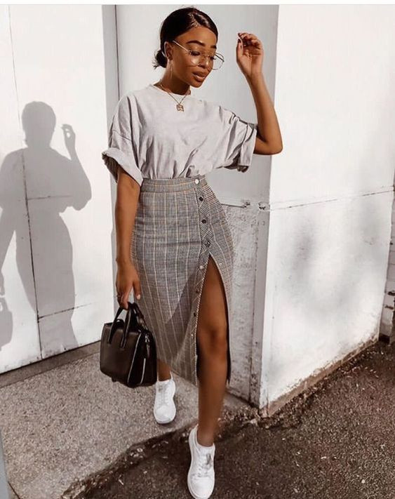 Grey Oversized T-Shirt Plaid Midi Skirt Outfit Idea — Teacher Outfits 2027