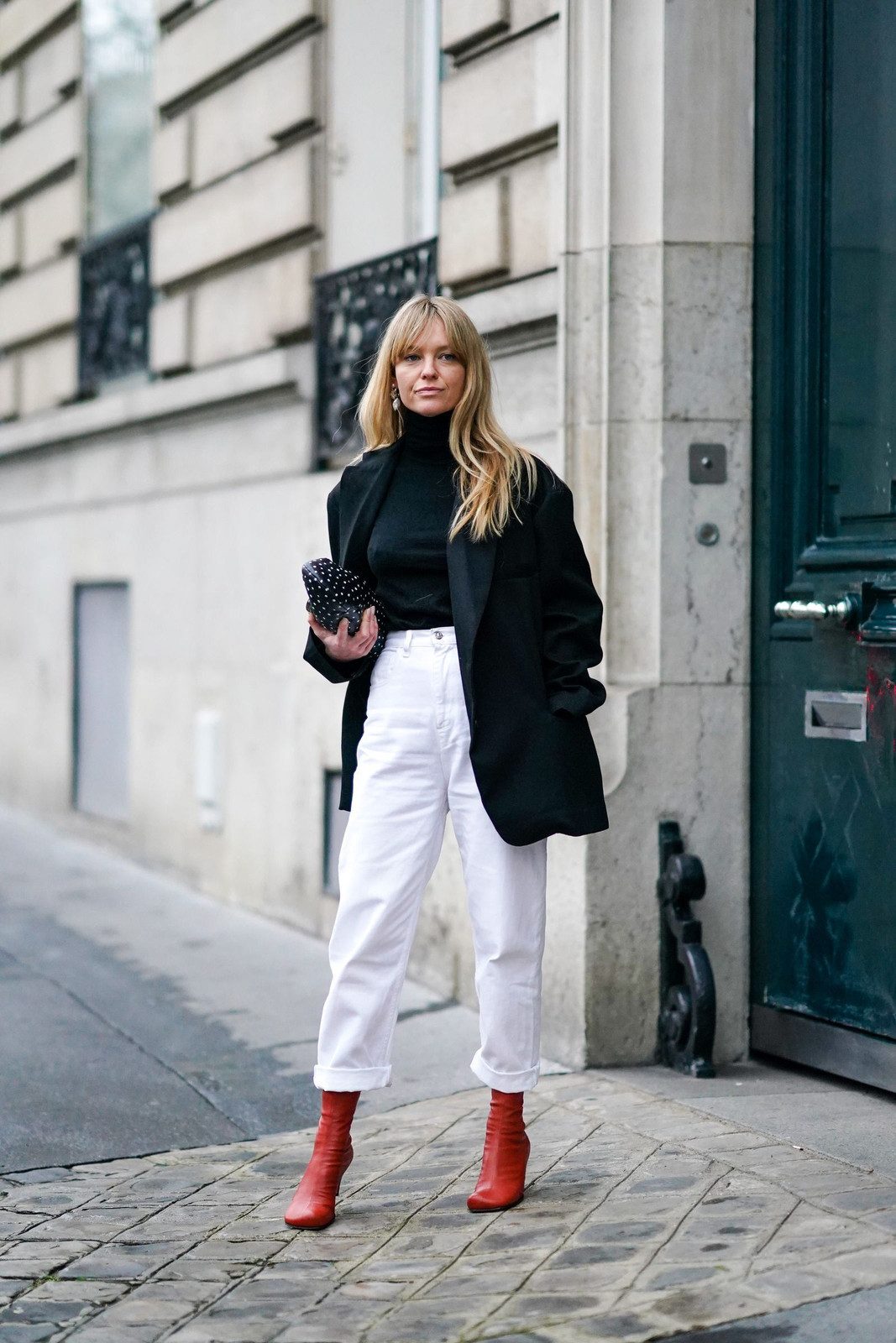Bold Contrast: White Jeans with Red Ankle Boots and Black Layers Bold Contrast: White Jeans with Red Ankle Boots and Black Layers — White Jeans Outfits 2027