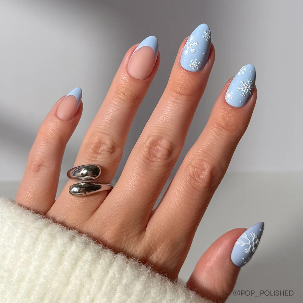Matte Blue Glossy Nude And Art Visual Idea Matte Blue Glossy Nude And Art Visual Idea — Christmas Almond Nails 2026