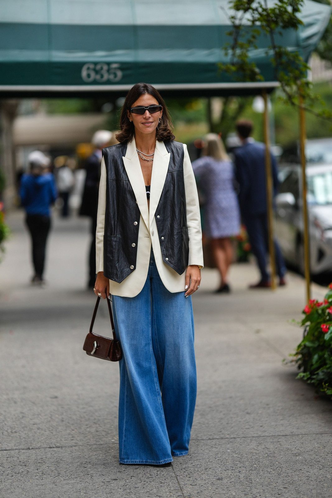 Leather Vest and White Blazer Combination with Blue Jeans — Wide Leg Jeans Outfits 2027