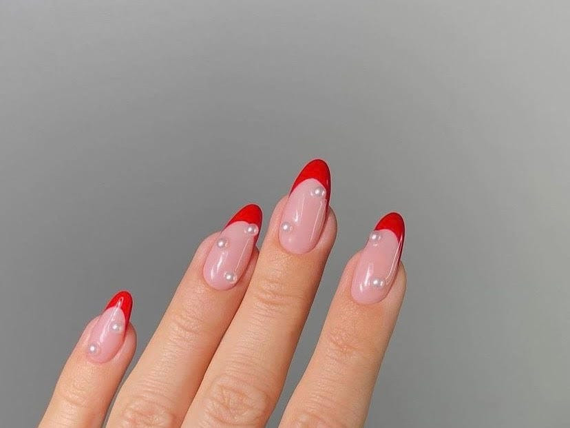 Pearls Red French Almond Pearls Red French Almond — Valentines French Tip Nails 2027