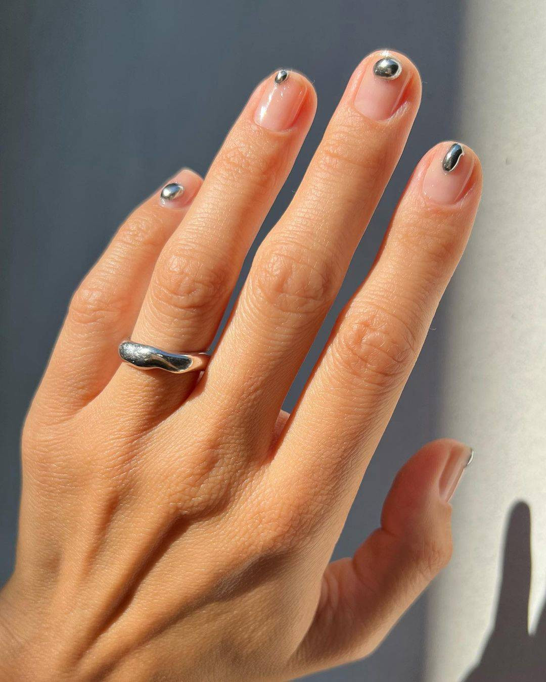Short Square Nude with Silver Dot Accents Short Square Nude with Silver Dot Accents — Modest Nails 2027