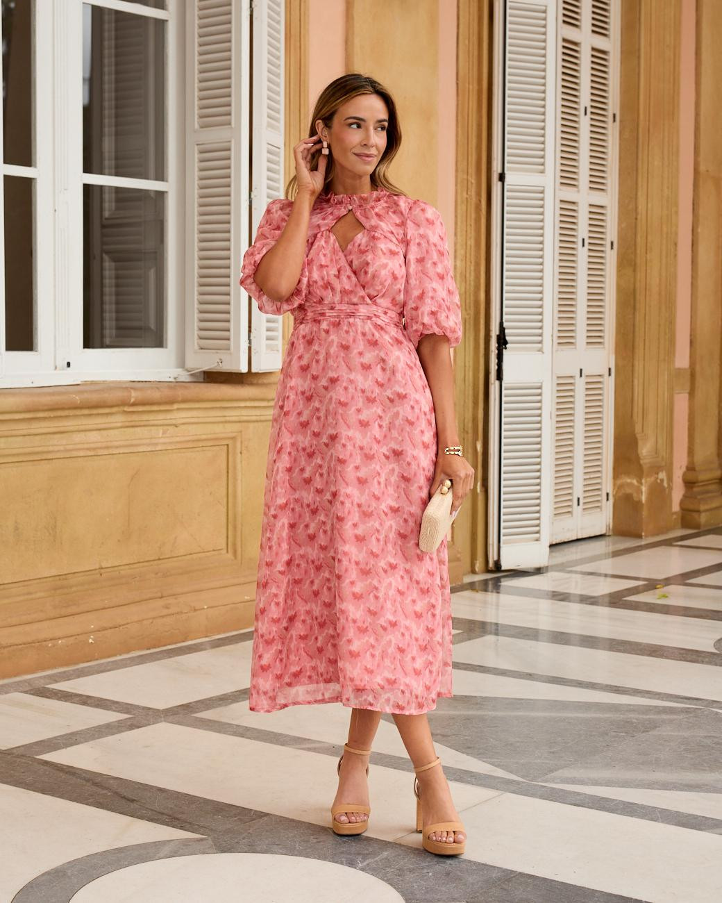 Pink and White Printed Chiffon Midi with Keyhole Neckline — Semi Formal Dresses 2027