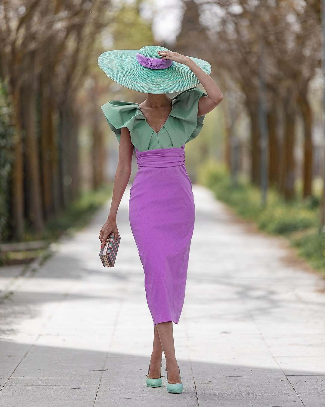 Mint Green Ruffled Top with Lavender Pencil Skirt and Oversized Hat Mint Green Ruffled Top with Lavender Pencil Skirt and Oversized Hat — Wedding Guest Outfits 2027