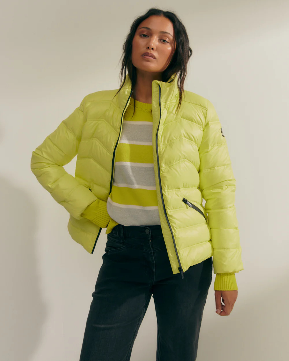 Bold Hue: Lime Green Cropped Puffer with Striped Knit Bold Hue: Lime Green Cropped Puffer with Striped Knit — Cropped Puffer Outfits 2027