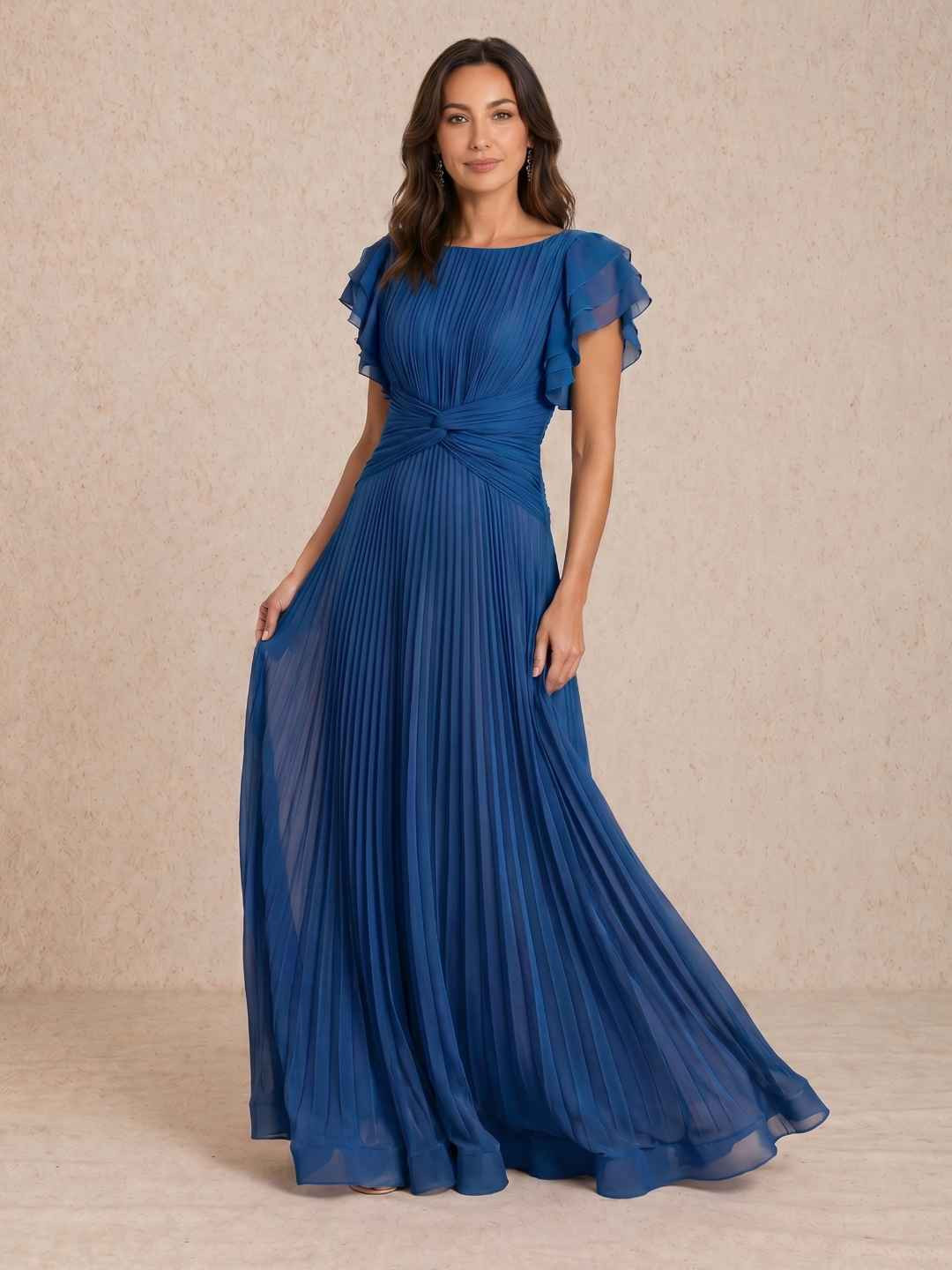 Royal Blue Chiffon Pleated Maxi Dress with Draped Neckline Royal Blue Chiffon Pleated Maxi Dress with Draped Neckline — Pleated Dress 2027