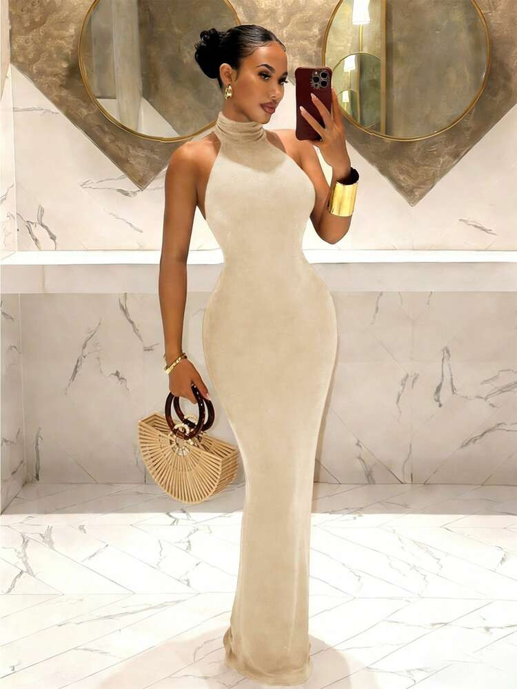 Beige Ribbed Knit Maxi with High Neck and Side Slit Beige Ribbed Knit Maxi with High Neck and Side Slit — Backless Dresses 2027