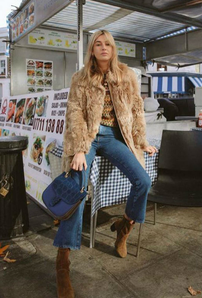 Faux Fur Coat with Patterned Sweater and Flared Jeans — French Girl Outfits 2027