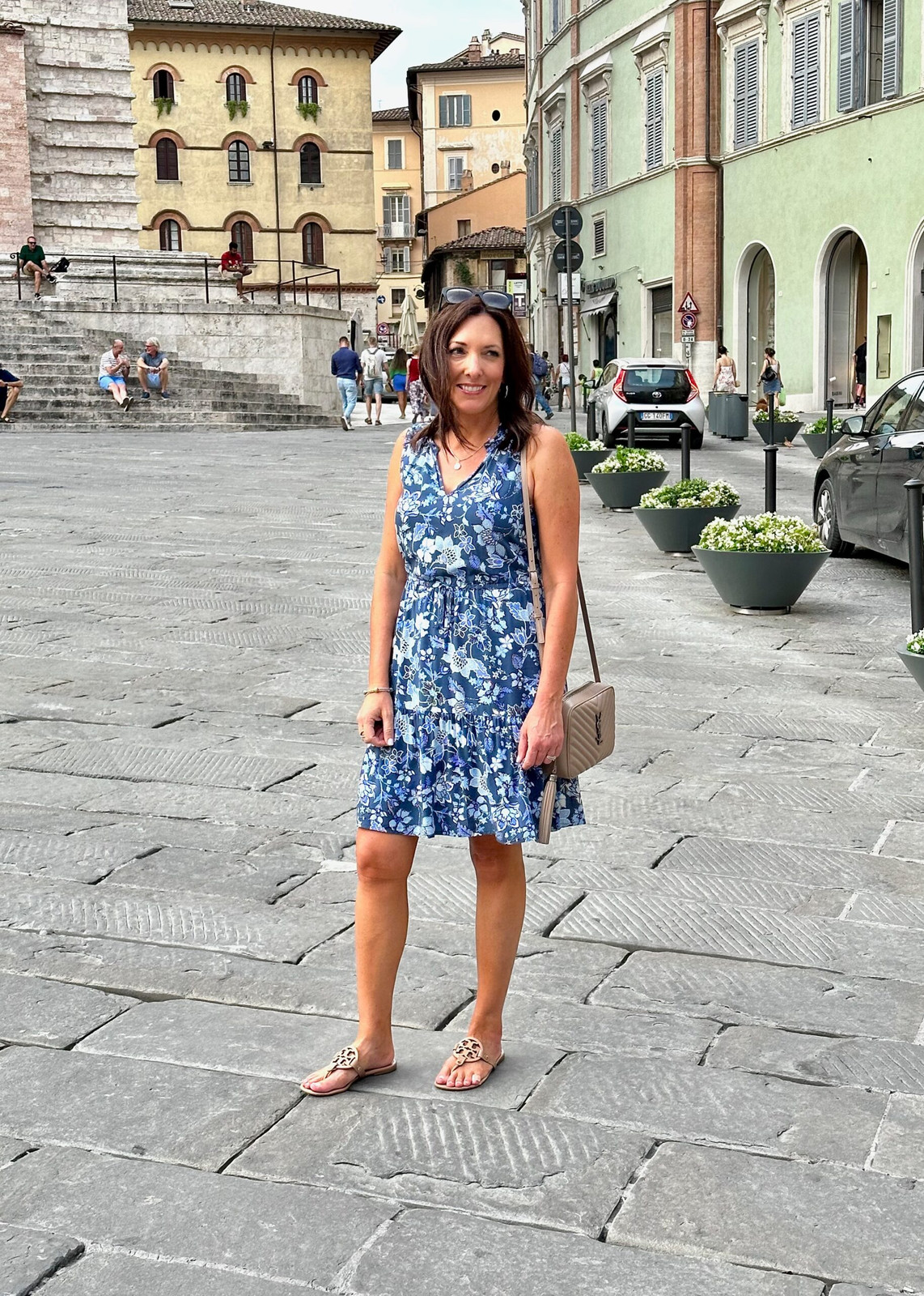 Blue Floral Print Midi Dress for Summer Sightseeing Blue Floral Print Midi Dress for Summer Sightseeing — Italy Summer Outfits 2027