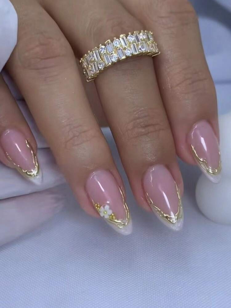 Pink French with Gold Outline and Flower — Medium Almond Nails 2027