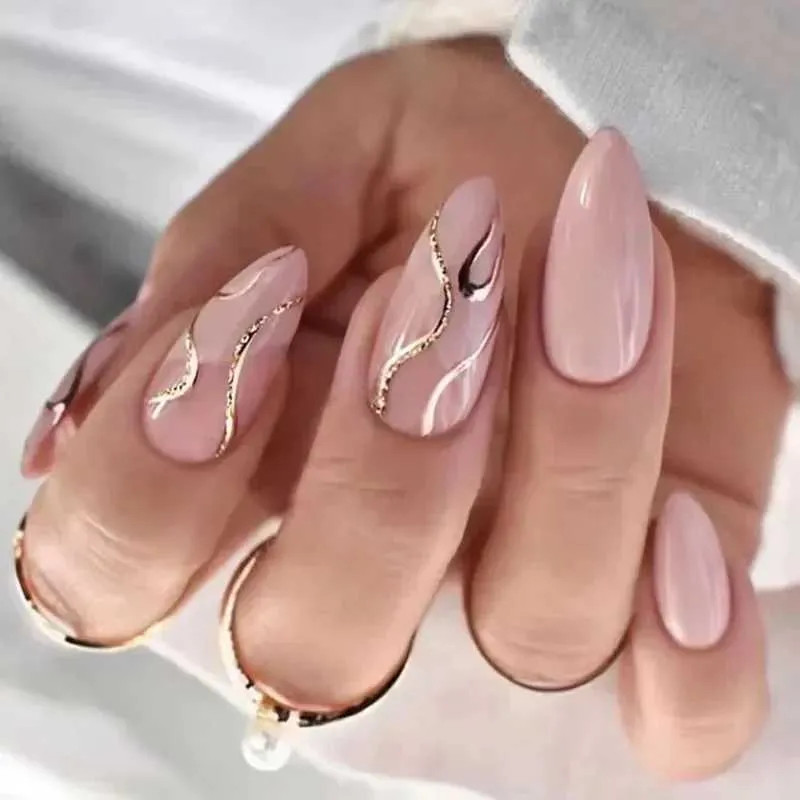 Medium Dusty Rose with Gold Swirls Medium Dusty Rose with Gold Swirls — Almond Press On Nails 2027