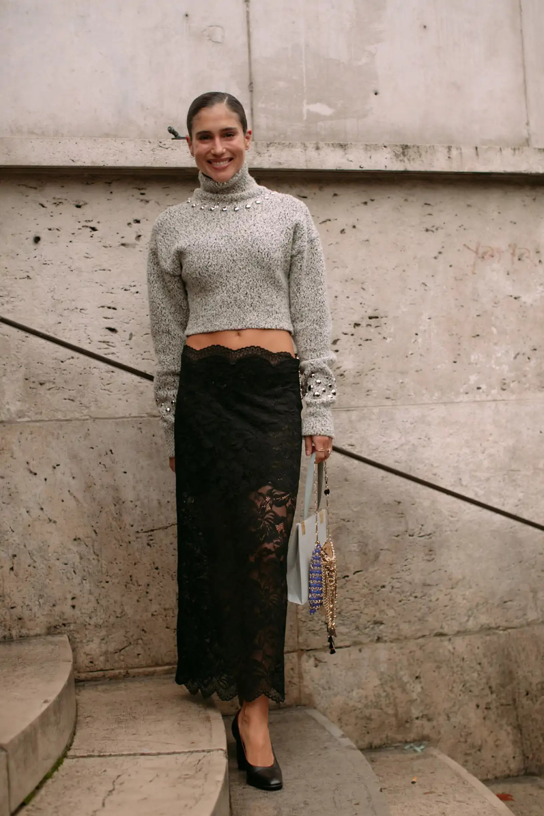 Embellished Turtleneck with Black Lace Maxi Skirt and Beaded Handbag — Slip Skirt Outfits 2027
