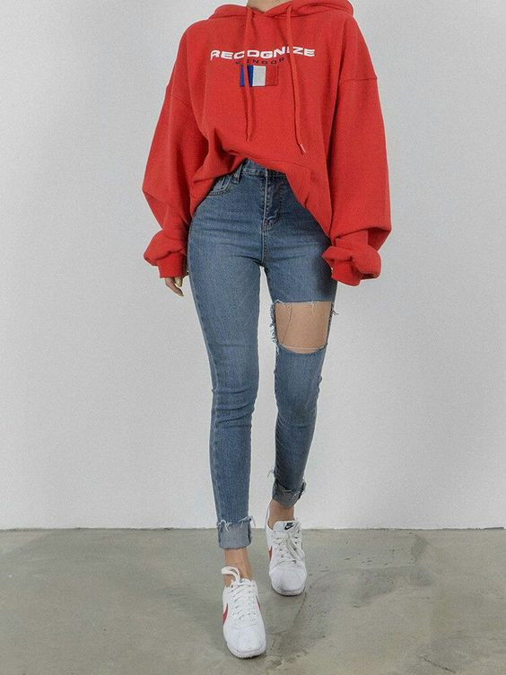 Red Oversized Hoodie with Ripped Skinny Jeans — Tumblr Outfits 2027