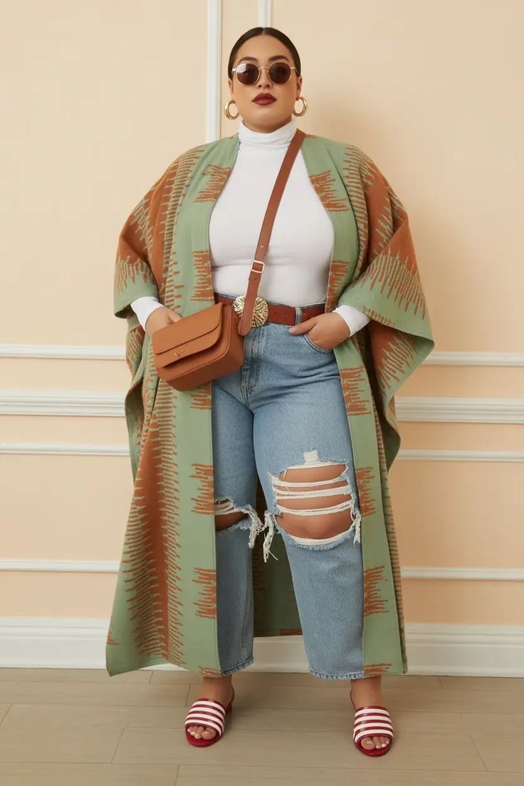 Patterned Kimono Over Turtleneck and Ripped Jeans Patterned Kimono Over Turtleneck and Ripped Jeans — Everyday Outfits 2027