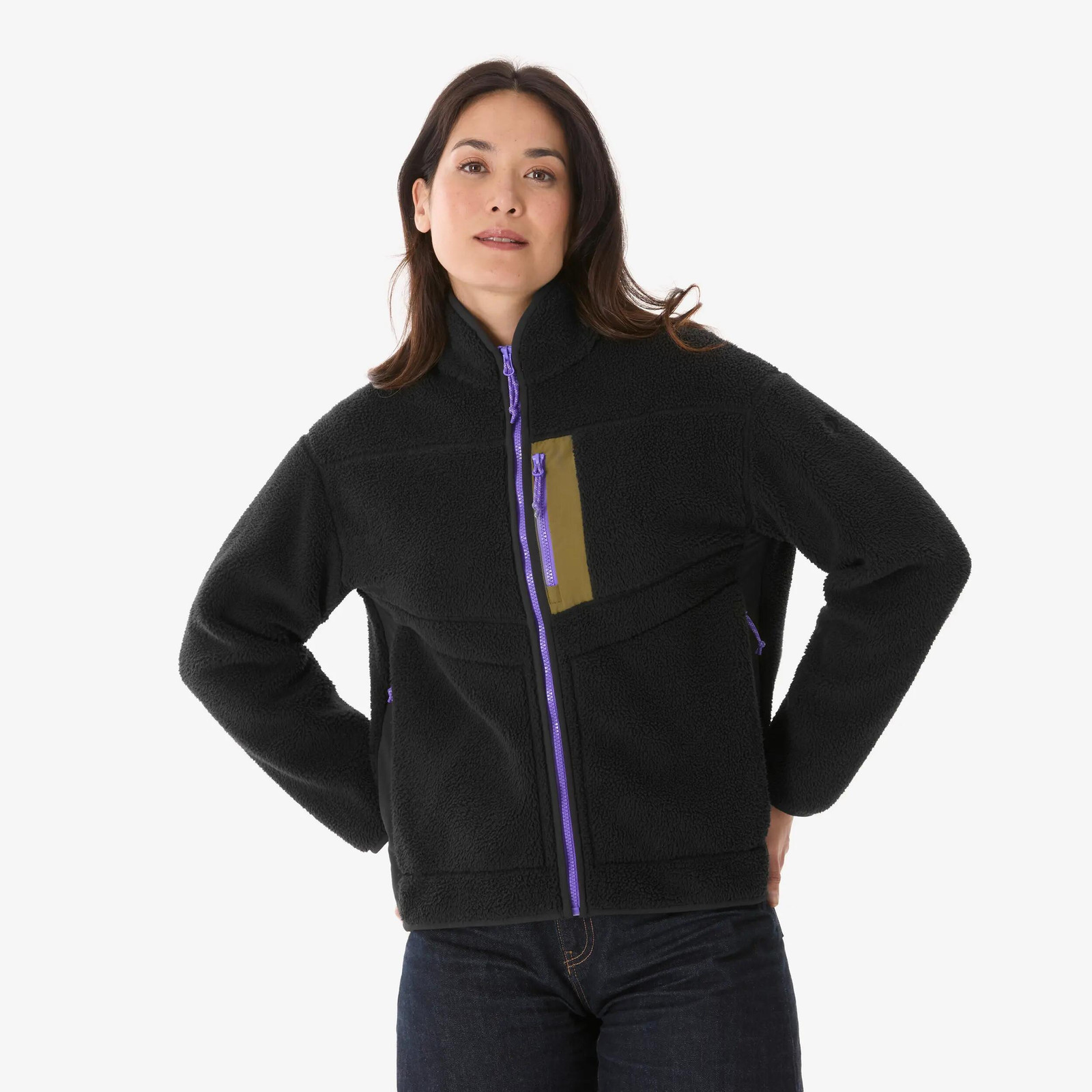 Black Fleece Jacket with Purple Accents and Jeans Black Fleece Jacket with Purple Accents and Jeans — Fleece Outfits 2027