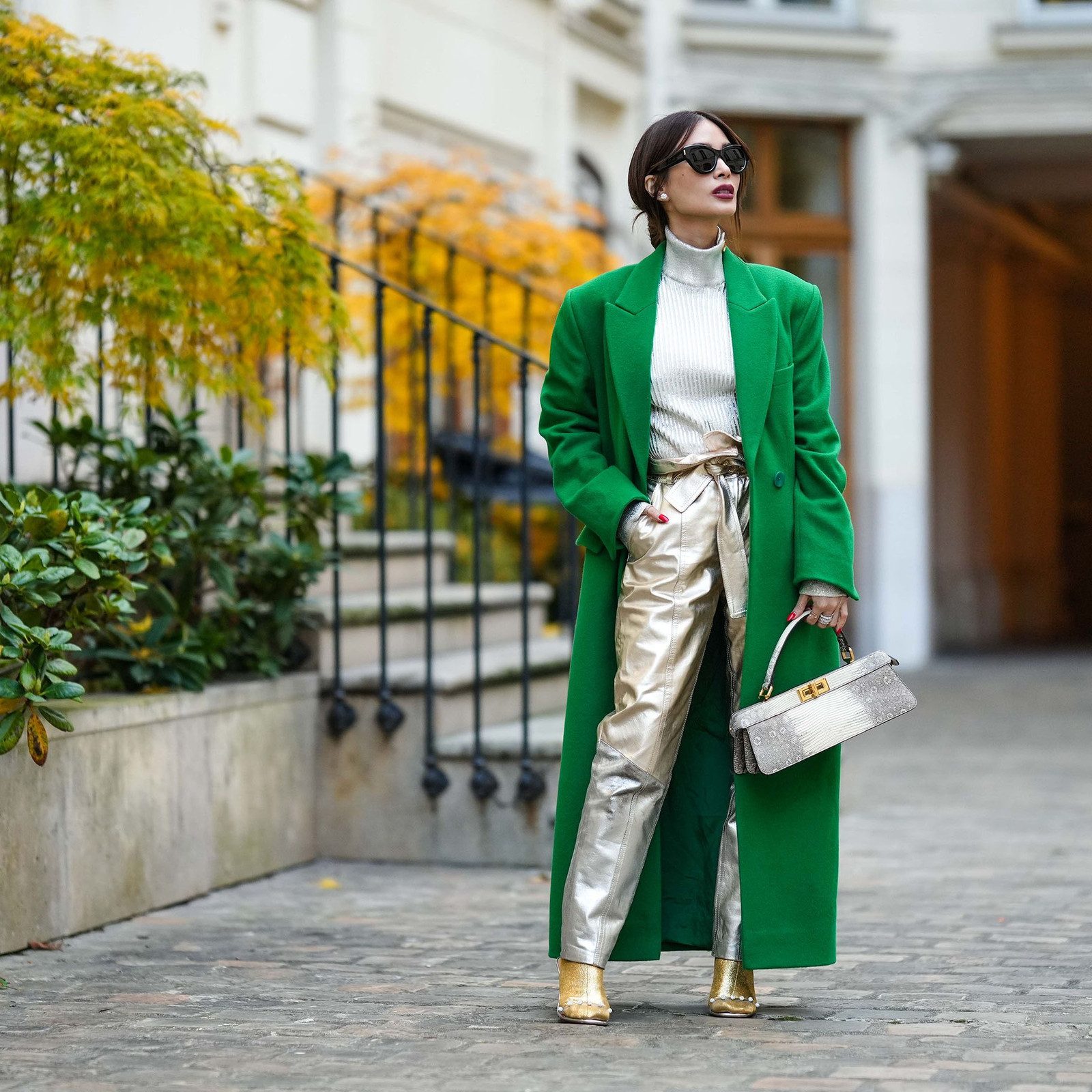 Daytime Chic: Oversized Coat Over Gold Trousers Daytime Chic: Oversized Coat Over Gold Trousers — Gold Outfits 2027