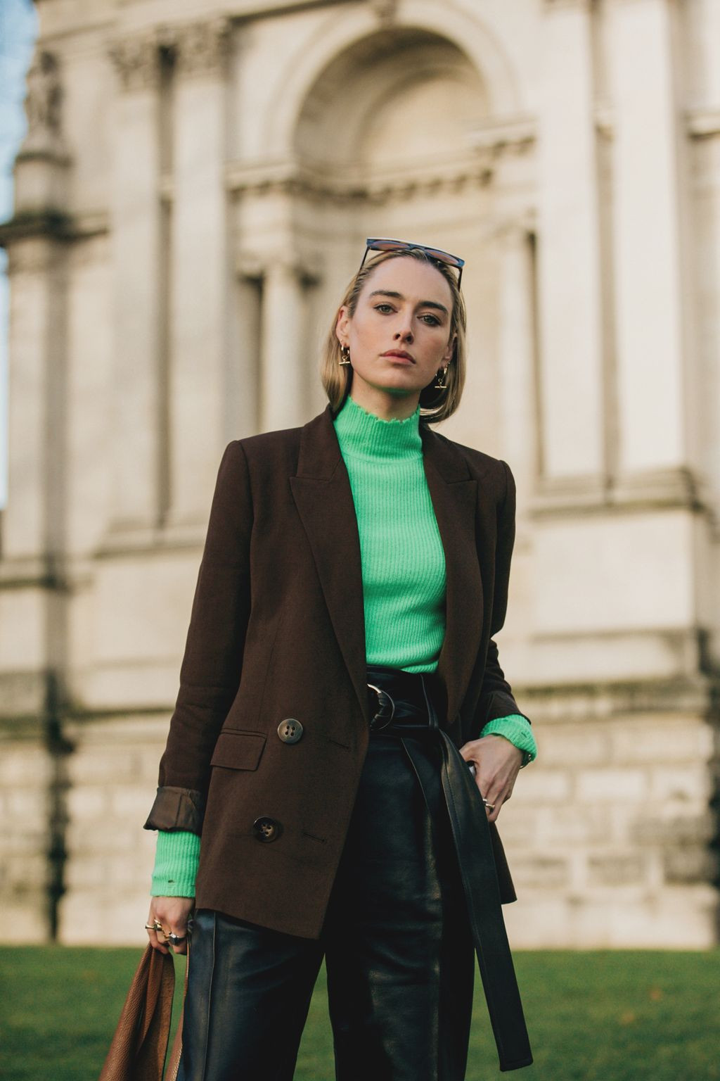 Bright Green Turtleneck with Black Leather Trousers Bright Green Turtleneck with Black Leather Trousers — Turtleneck Sweater Outfits 2027