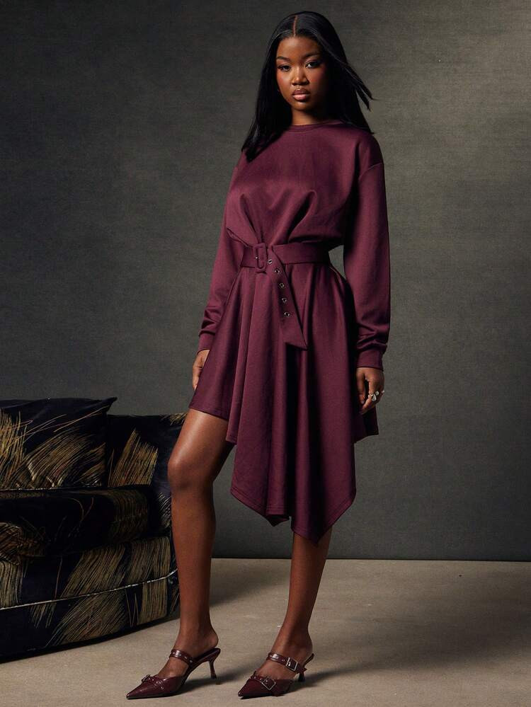 Burgundy Satin Midi Dress with Belted Waist and Asymmetrical Hem Burgundy Satin Midi Dress with Belted Waist and Asymmetrical Hem — Church Dresses 2027