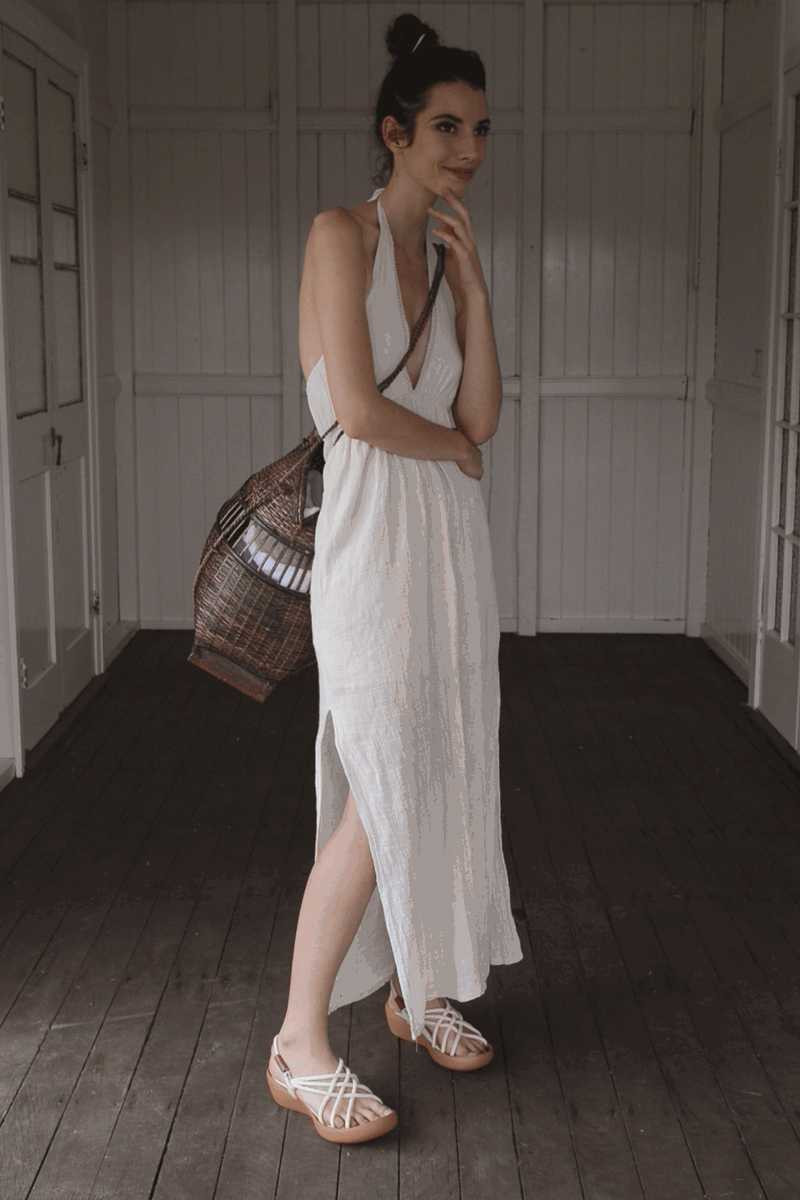 White Linen Halter Maxi Dress with Strappy Sandals and Woven Bag White Linen Halter Maxi Dress with Strappy Sandals and Woven Bag — Savannah Outfits 2027