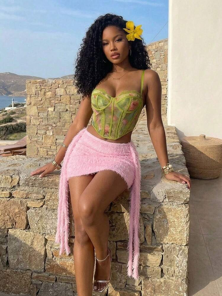 Vacation Vibes: Green Floral Corset with Asymmetrical Mini Skirt Vacation Vibes: Green Floral Corset with Asymmetrical Mini Skirt — Floral Corset Top Outfits 2027