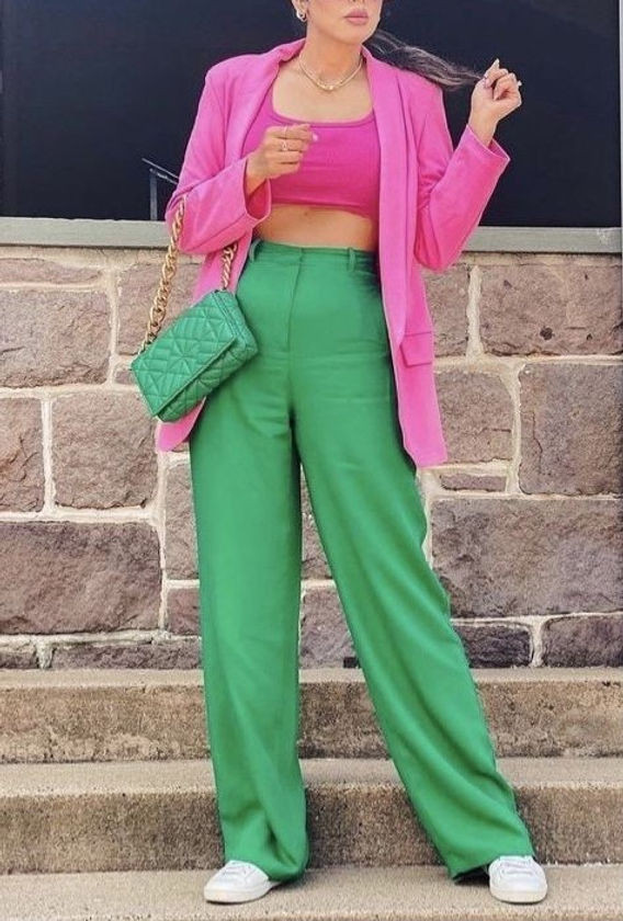 Color Block Bold: Green Pants with Pink Blazer Color Block Bold: Green Pants with Pink Blazer — Wide Leg Pants Outfits 2027