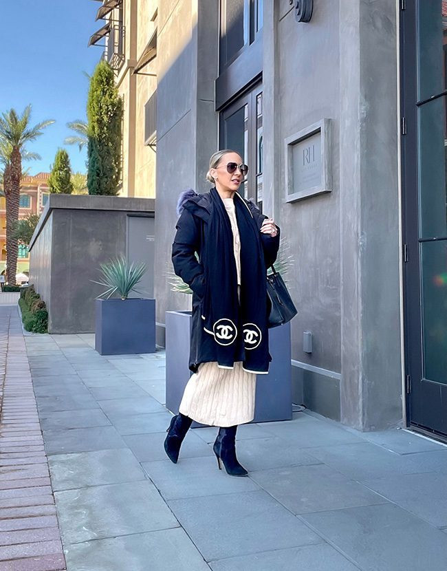 Cream Knit Dress and Black Puffer Coat with Navy Knee-High Boots Cream Knit Dress and Black Puffer Coat with Navy Knee-High Boots — Knee High Boots Outfits 2027