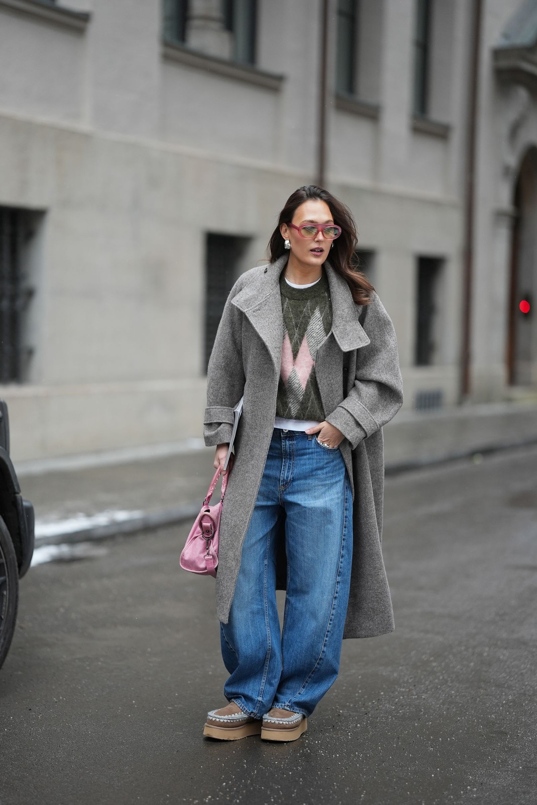 Grey Oversized Wool Coat with Argyle Sweater and Platform Loafers Grey Oversized Wool Coat with Argyle Sweater and Platform Loafers — Winter Casual Outfits 2027