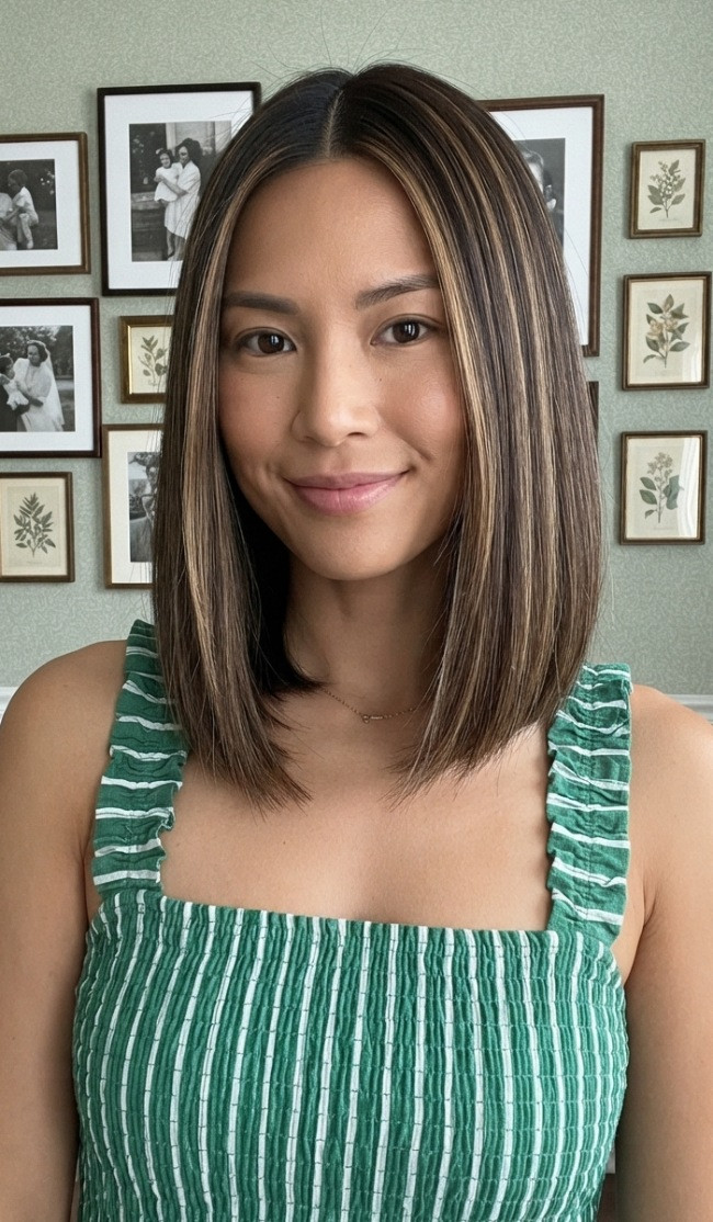 Sleek Dark Brown Lob With Blonde Money Piece Sleek Dark Brown Lob With Blonde Money Piece — Money Piece Bob 2027