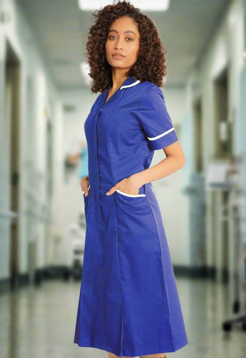 Workwear Royal Blue A-Line Nurse Dress with White Trim — Nurse Outfits 2027