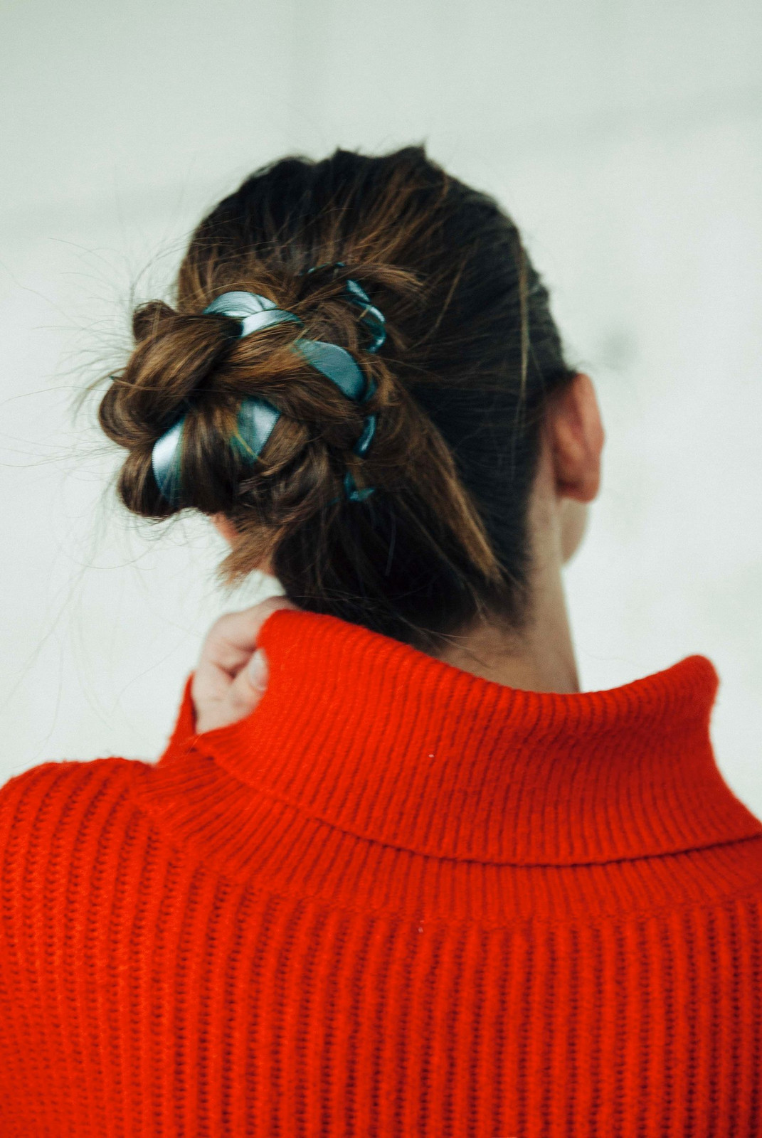 Messy Bun with Woven Blue Ribbons — Ribbon Hairstyles 2027