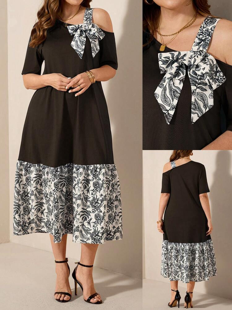 Black Midi Dress with Floral Skirt and Cold Shoulder Detail Black Midi Dress with Floral Skirt and Cold Shoulder Detail — Mothers Day Church Outfits 2027