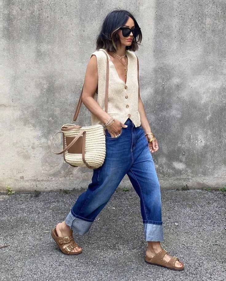 Beige Knit Vest with Denim Jeans and Straw Bag Beige Knit Vest with Denim Jeans and Straw Bag — Vest Outfits 2027
