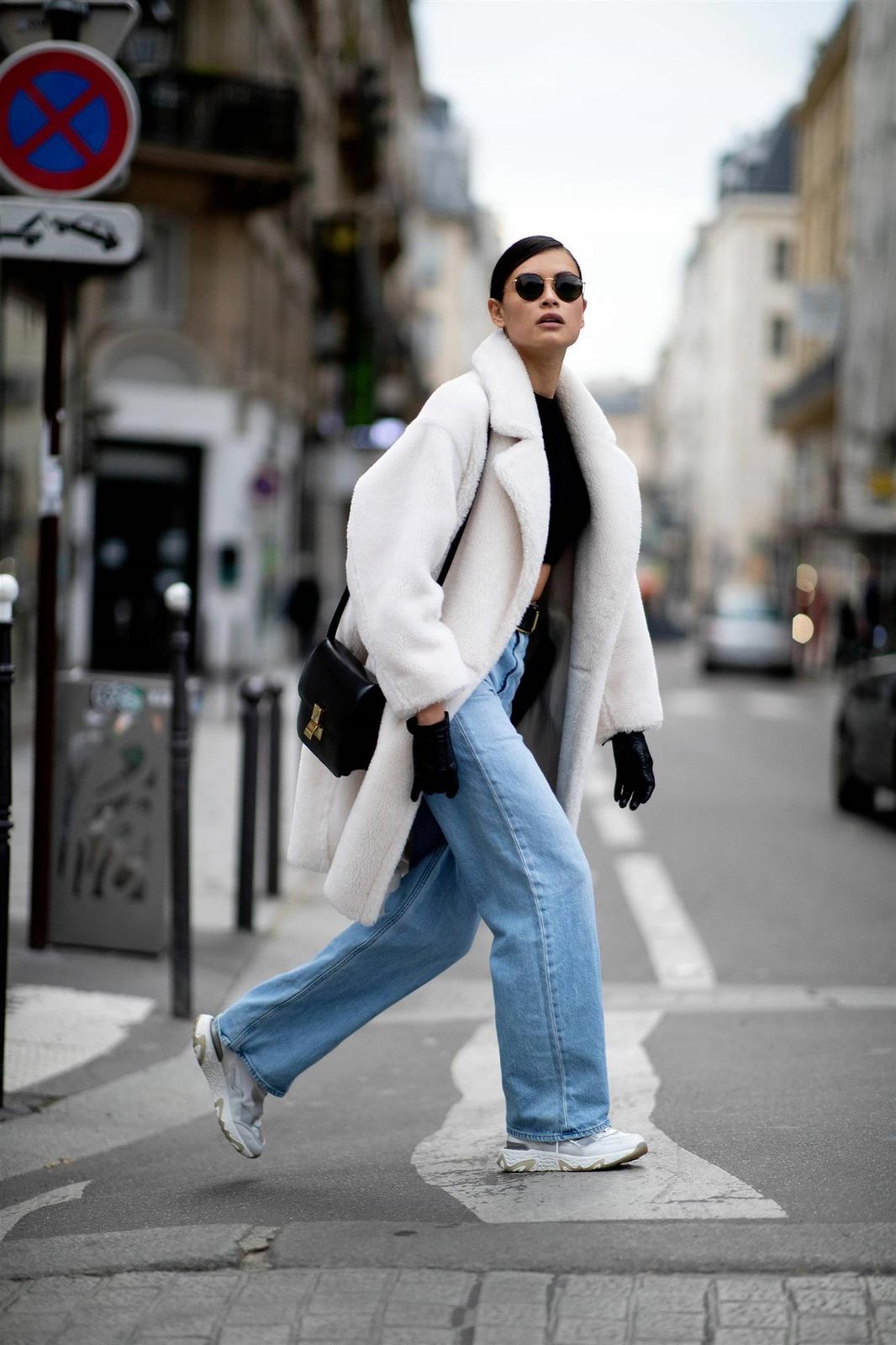 White Teddy Coat with Crop Top and Wide-Leg Jeans — Teddy Coat Outfits 2027