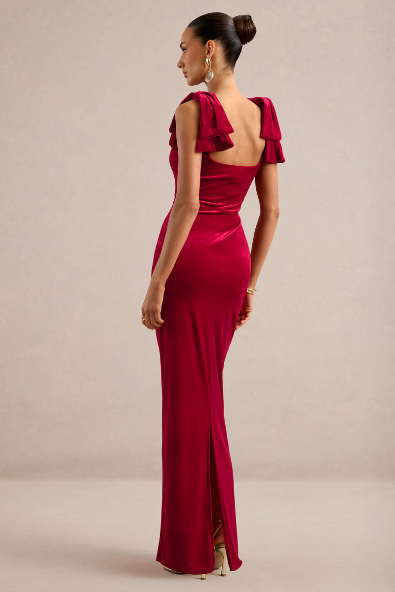 Deep Pink Velvet Maxi Dress with Ruffled Shoulder Detail Deep Pink Velvet Maxi Dress with Ruffled Shoulder Detail — Honeymoon Dresses 2027