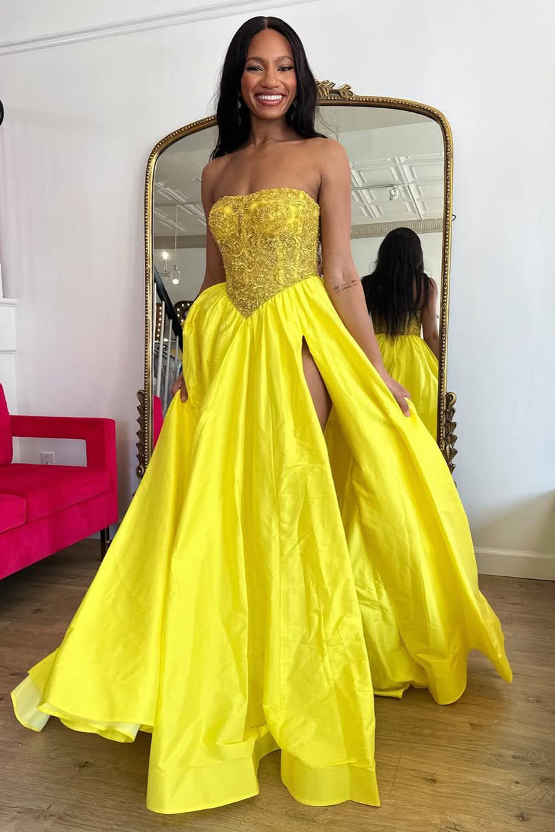 Yellow Strapless Satin A-Line Gown with Beaded Bodice Yellow Strapless Satin A-Line Gown with Beaded Bodice — Satin Prom Dresses 2027