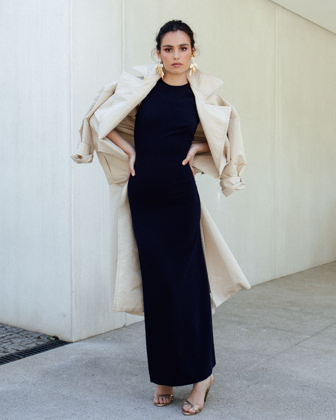 Navy Ribbed Knit Dress with Draped Beige Trench Coat Navy Ribbed Knit Dress with Draped Beige Trench Coat — Party Outfits 2027